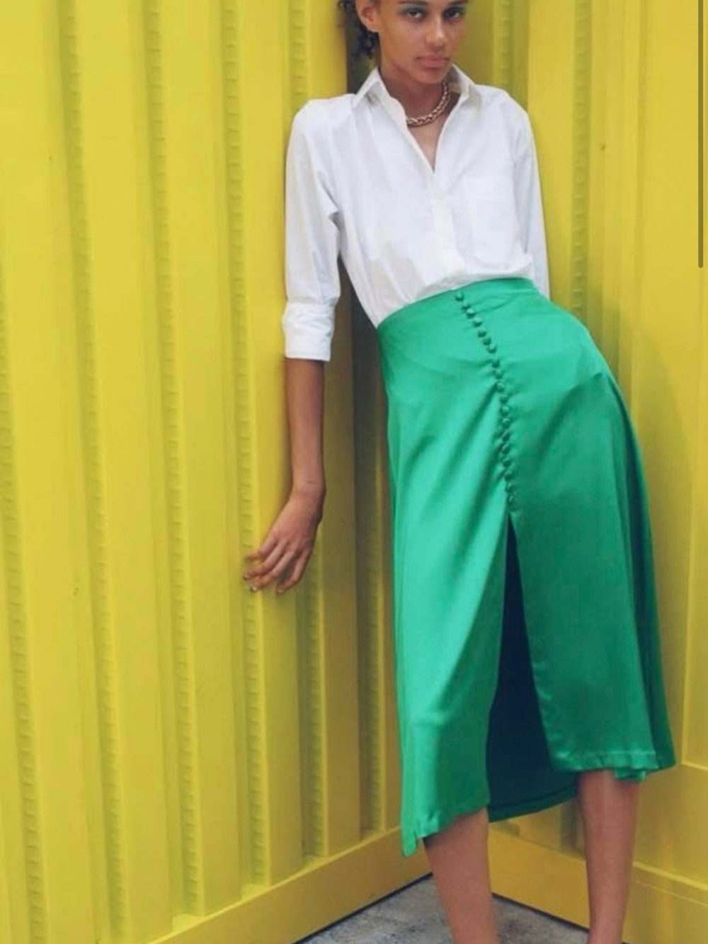 Zara Bright Green Button-Front Midi Skirt